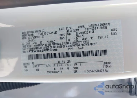 2023 Ford F-150 Lariat из США, поврежденный, VIN 1FTFW1E82PFD19906